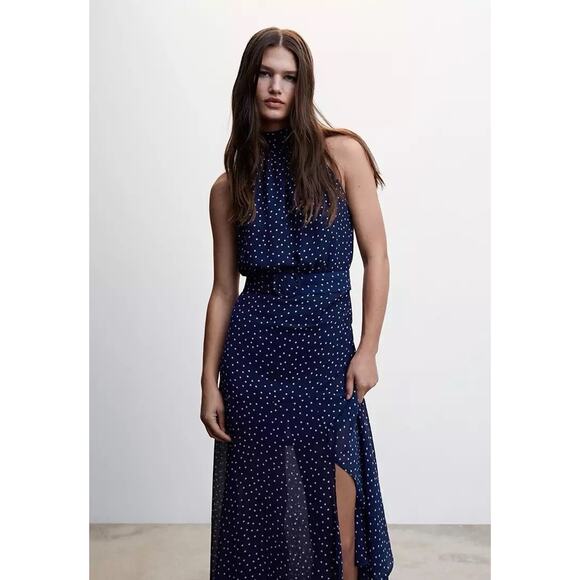 Mango Blue Polka Dot Semi Sheer Mock High Neck Dress Slit Bottom NWT XS 2 - Picture 3 of 9